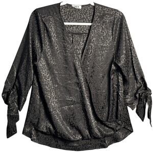 West K Sz M Allan Surplice Black Leopard‎ Wrap Blouse 3/4 Tie Sleeve High Low